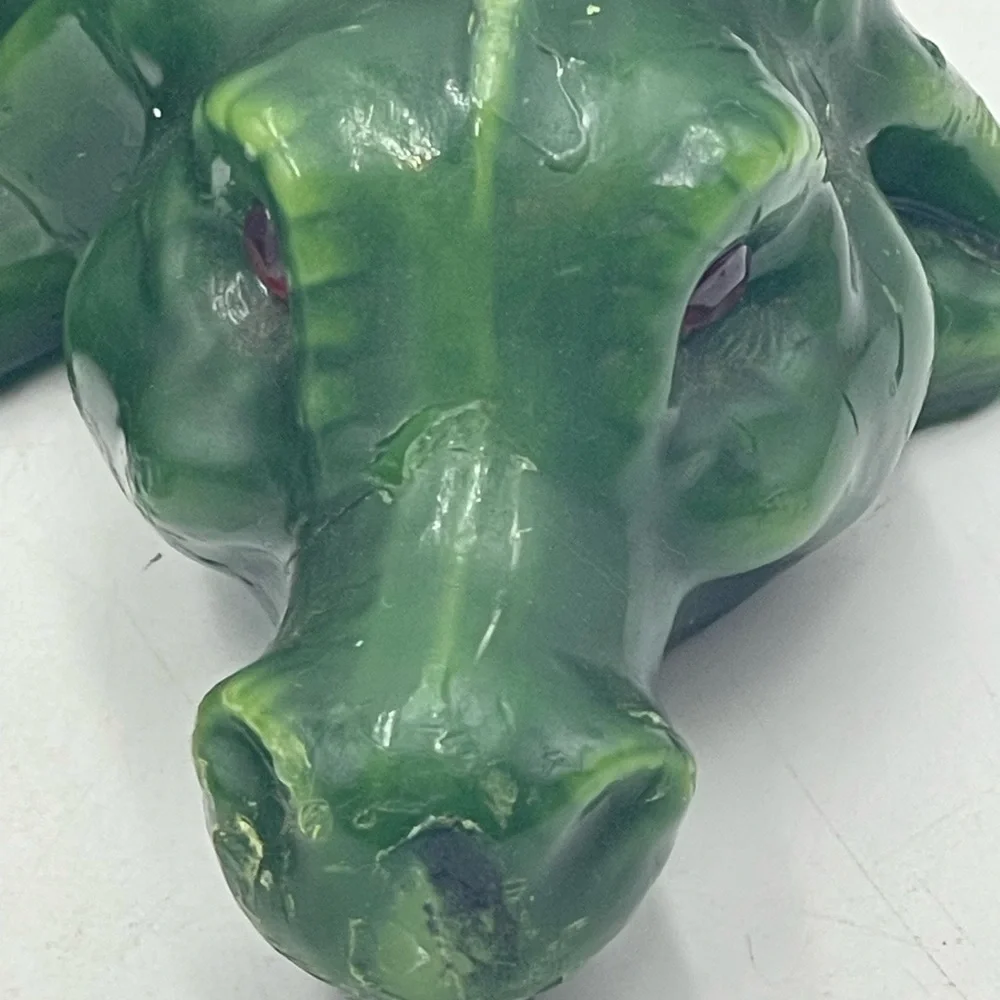 Vintage Unburnt Wax Candle Mythical Green Dragon Shaped Reptile w/Red Glass Eyes